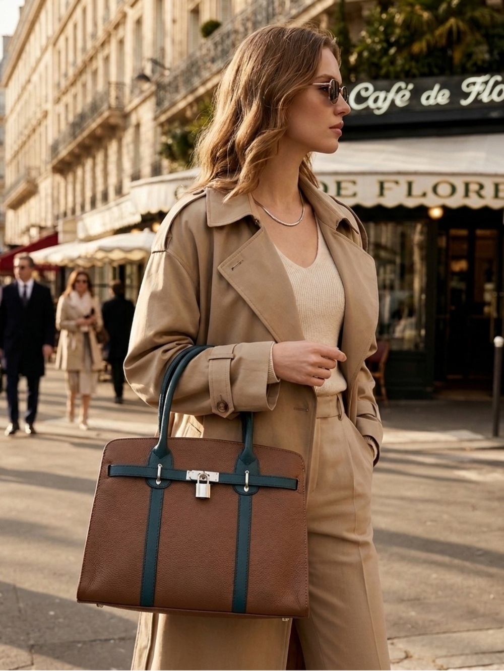 Vera Pelle Leather Satchel with Lock - Brown‎ & Green purse